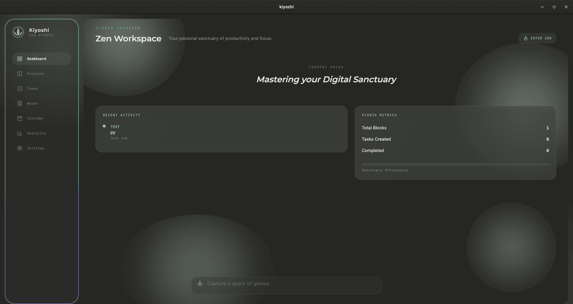 Kiyoshi dashboard in dark mode, showing the workspace overview and studio metrics