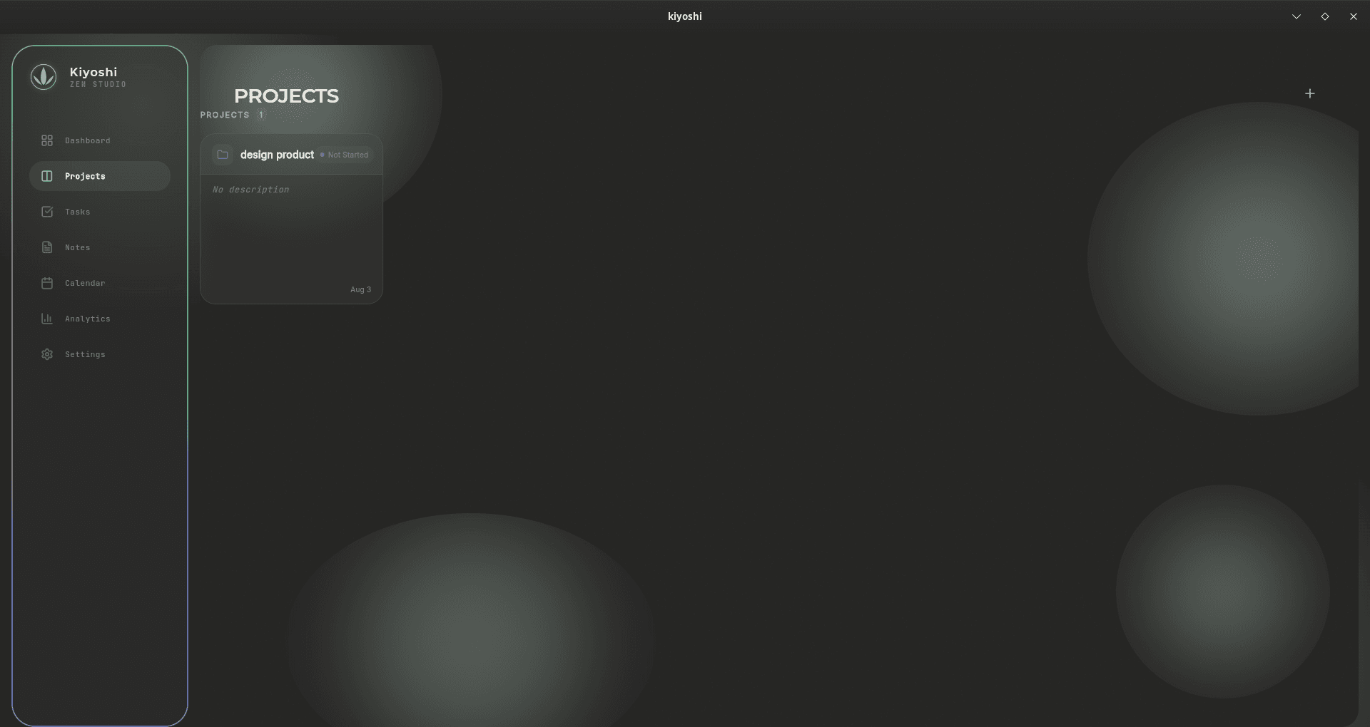Kiyoshi Projects screen, listing workspaces as glass cards