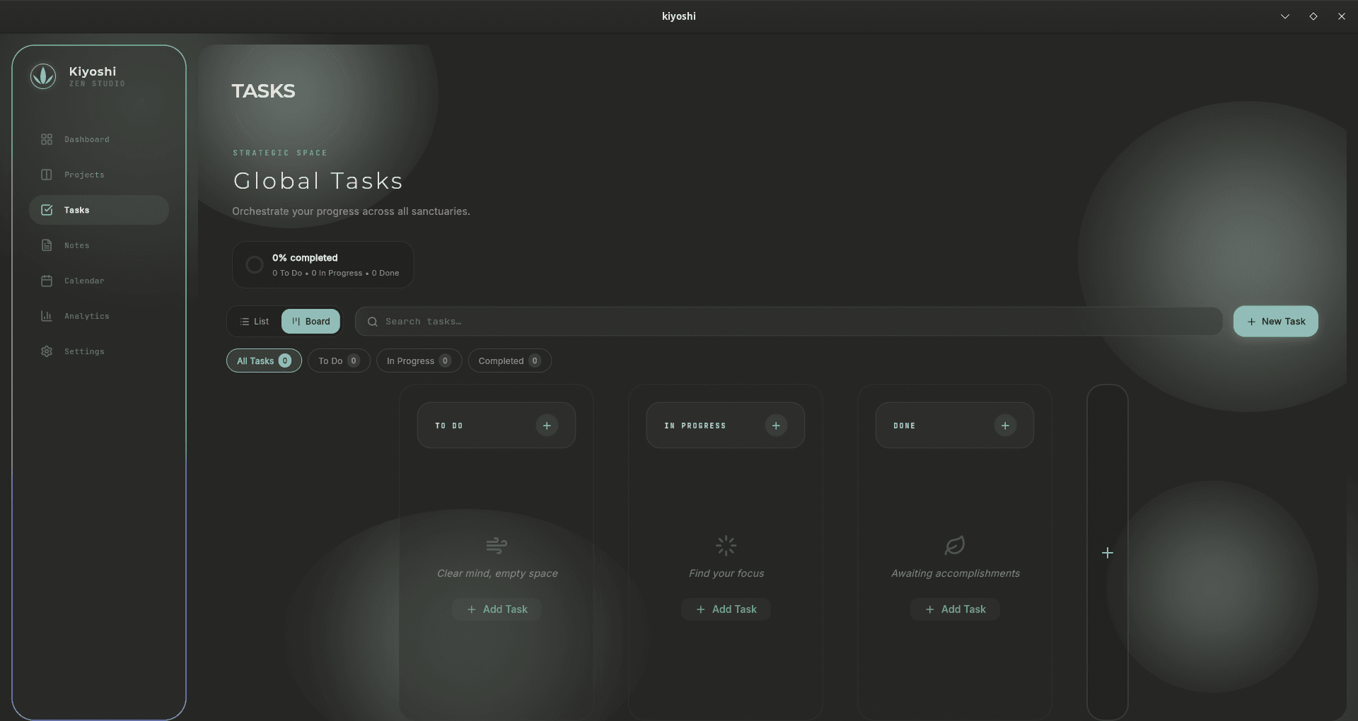 Kiyoshi Tasks screen in kanban board view, with To do, In progress, and Done columns